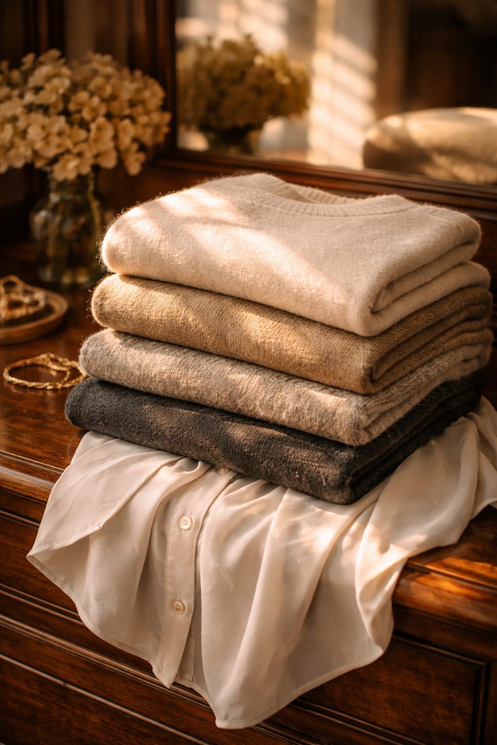 Folded sweaters with silk blouse, How to look romantic without trying too hard and let clothes age
