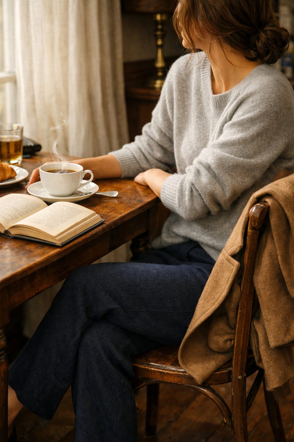 Soft knit and trousers at a dining table, How to look romantic without trying too hard with comfort