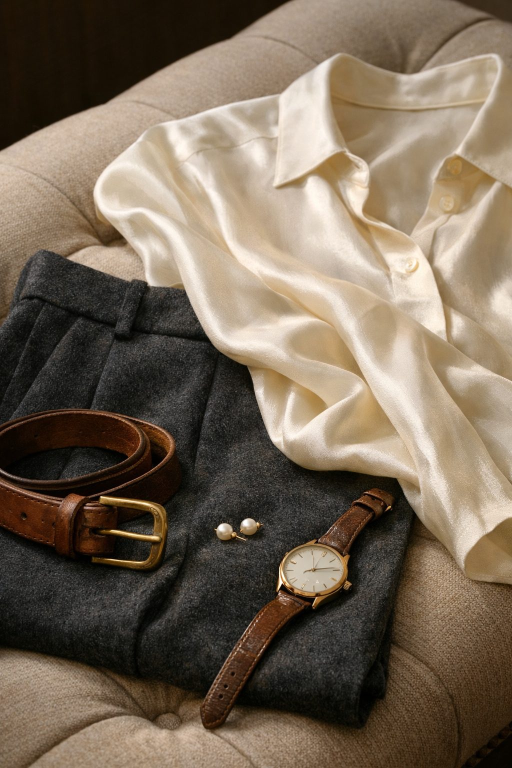 Silk blouse and wool trousers in warm restaurant light, How to look romantic without trying too hard