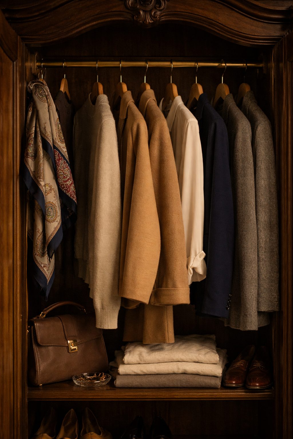 Neatly hung neutral wardrobe in wooden armoire, How to look romantic without trying too hard