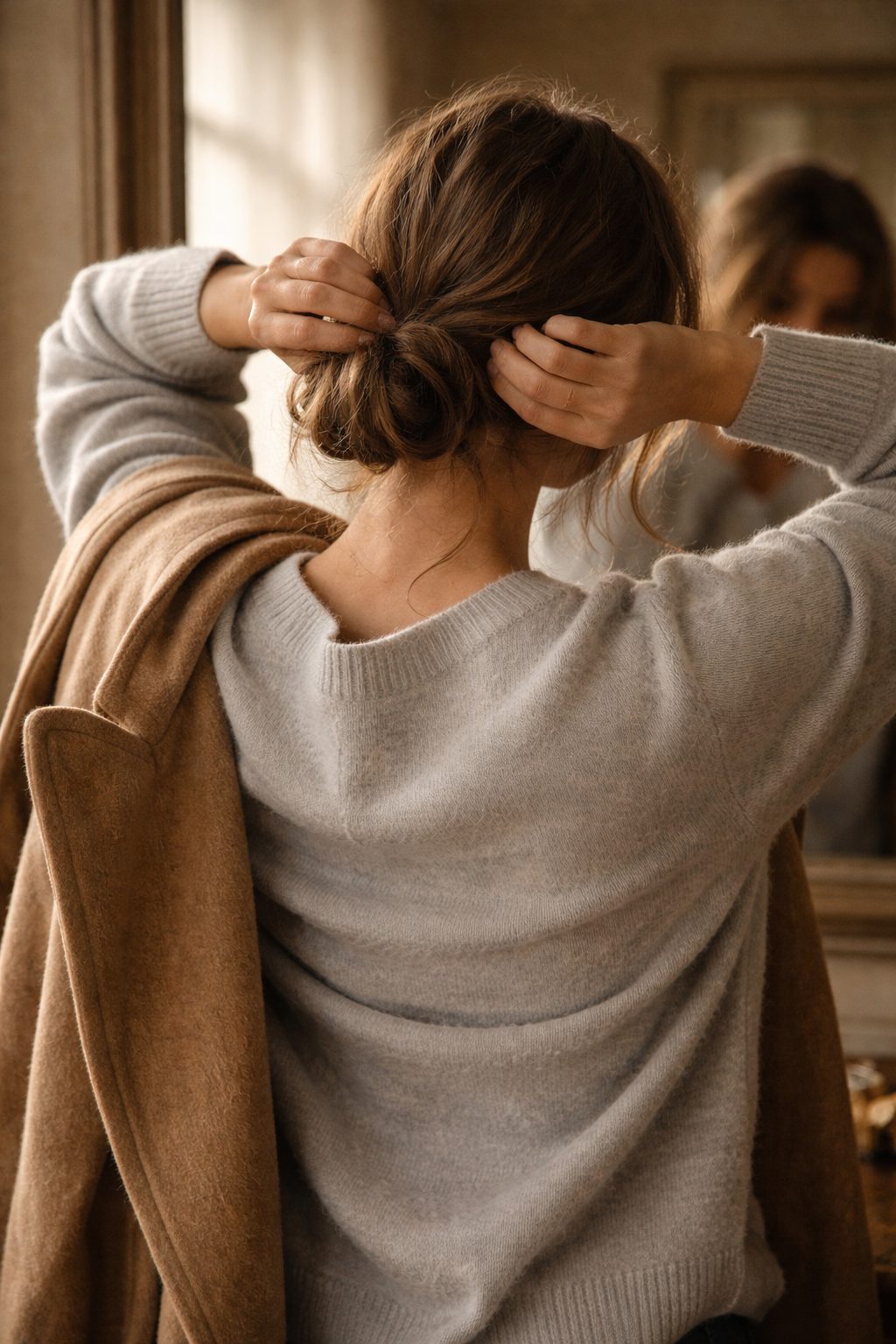 Loose bun and soft strands in warm hallway light, How to look romantic without trying too hard naturally