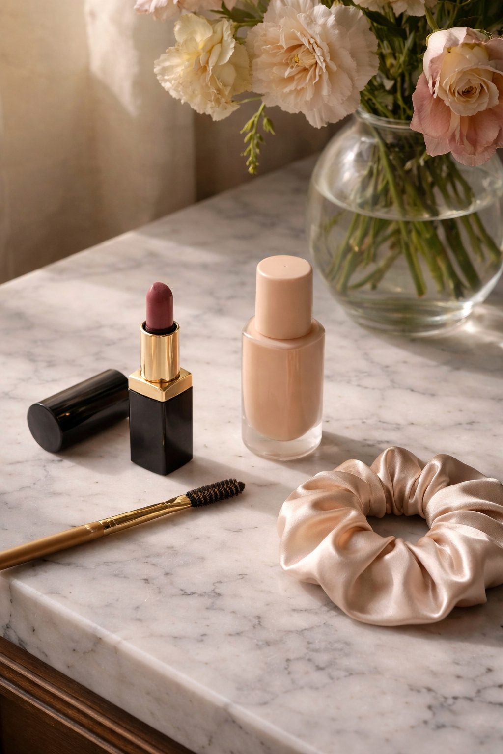 Soft beauty essentials on vanity, How to look romantic without trying too hard with minimal makeup