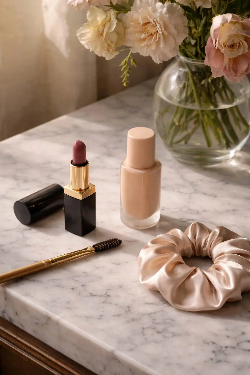 Soft beauty essentials on vanity, How to look romantic without trying too hard with minimal makeup