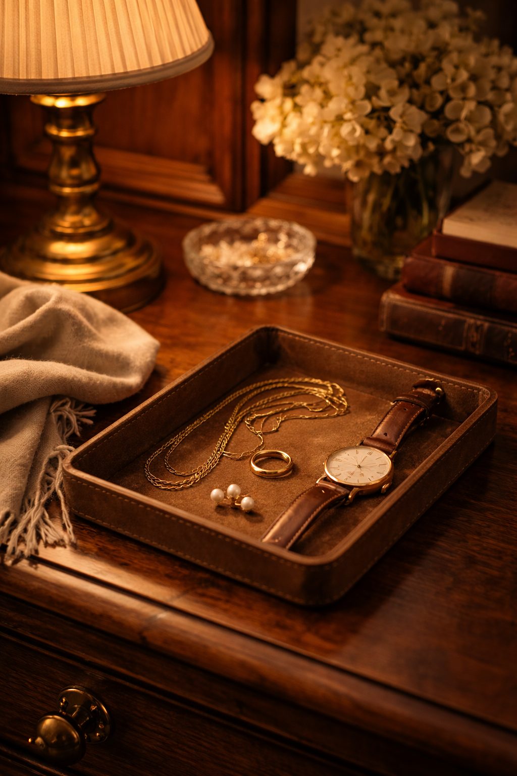 Gold chain and pearls in a catchall tray, How to look romantic without trying too hard with personal pieces