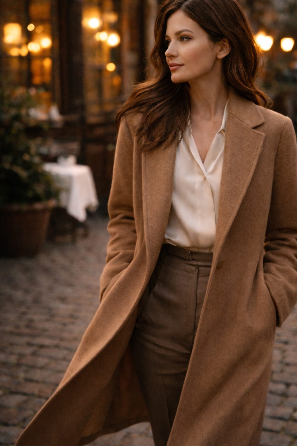 Woman mid-step in coat and silk blouse, How to look romantic without trying too hard on a quiet evening