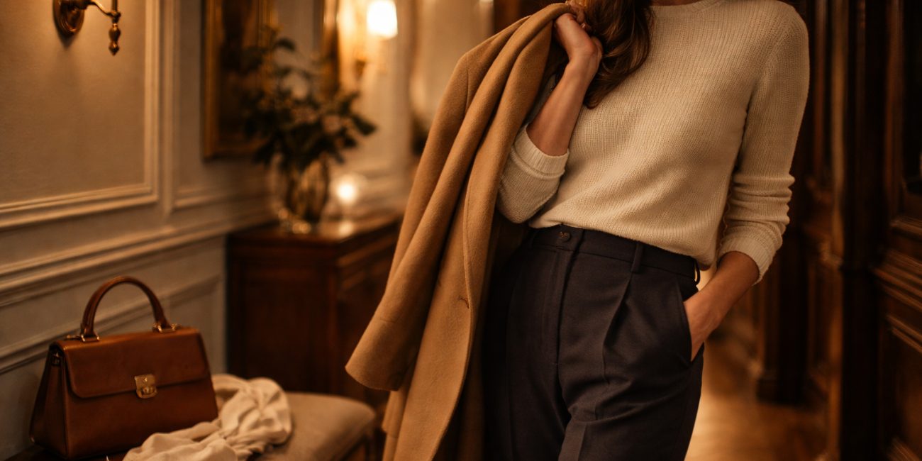 Warm hallway scene with woman in knit and trousers holding coat, How to look romantic without trying too hard in quiet luxury style
