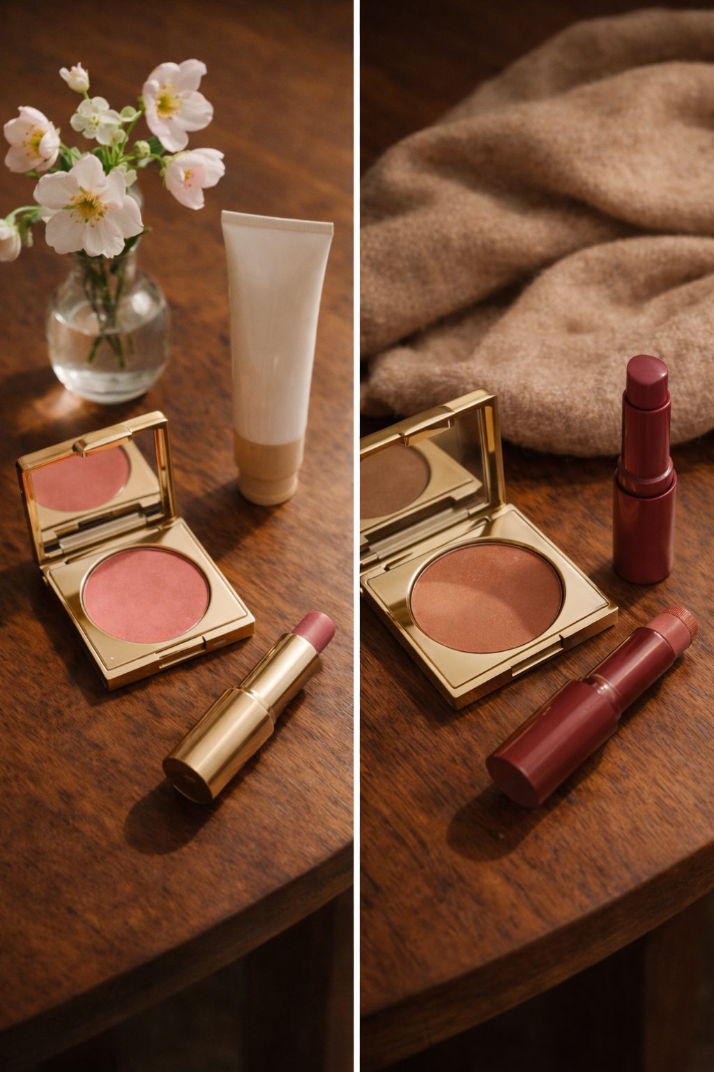 Minimal Romantic Makeup Looks for 2026 showing soft shades shifting from spring to fall on a vanity.