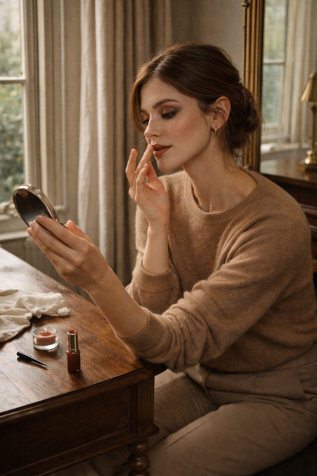 Soft morning vanity scene for Minimal Romantic Makeup Looks for 2026 with a woman applying light makeup in window light.