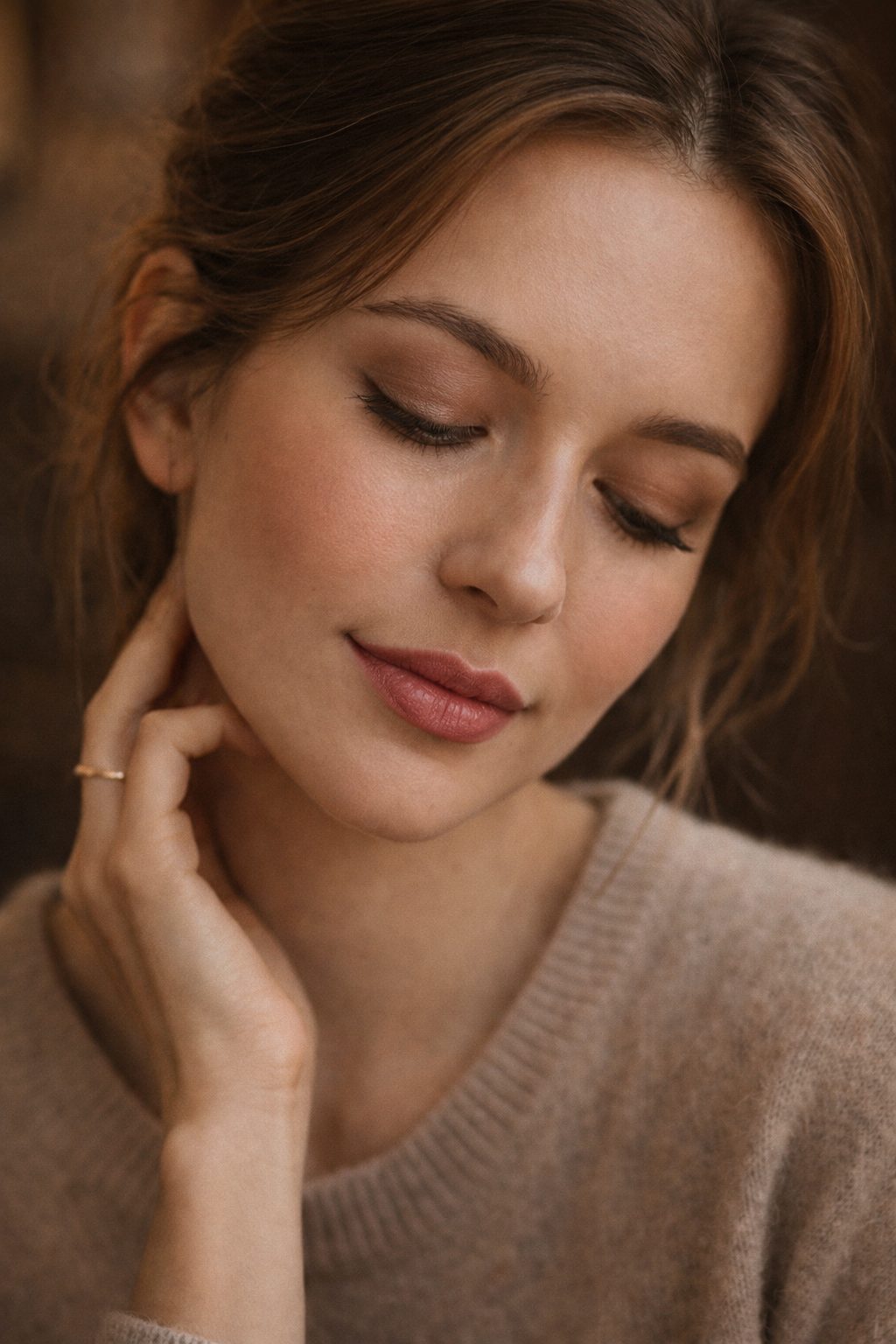 Minimal Romantic Makeup Looks for 2026 paired with cashmere sweater and rosy lips during a quiet coffee moment.