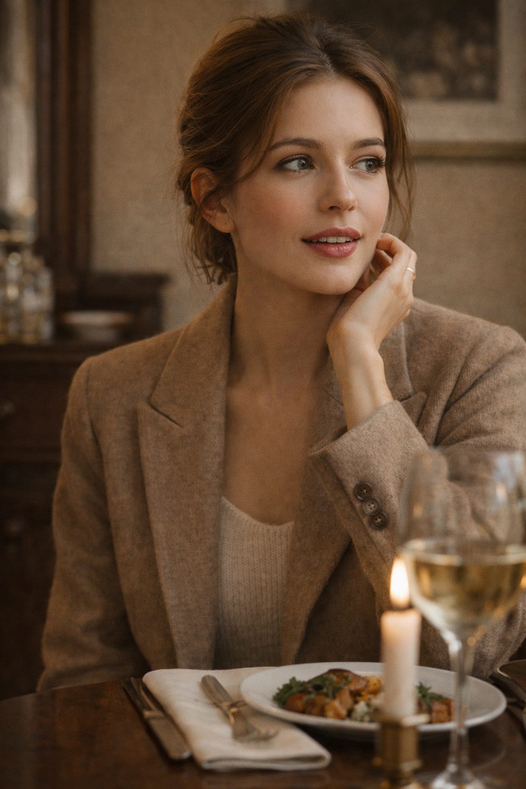 Minimal Romantic Makeup Looks for 2026 with soft greige eyes and satin lips at a relaxed lunch table.