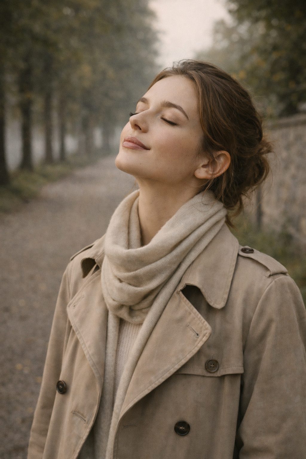 Minimal Romantic Makeup Looks for 2026 with natural skin, brushed brows and light mascara on a calm walk.