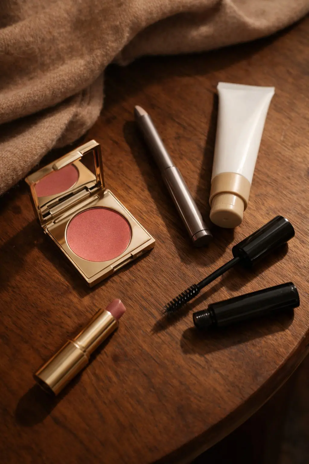 Minimal Romantic Makeup Looks for 2026 flat lay with taupe shadow, cream blush and tinted balm.