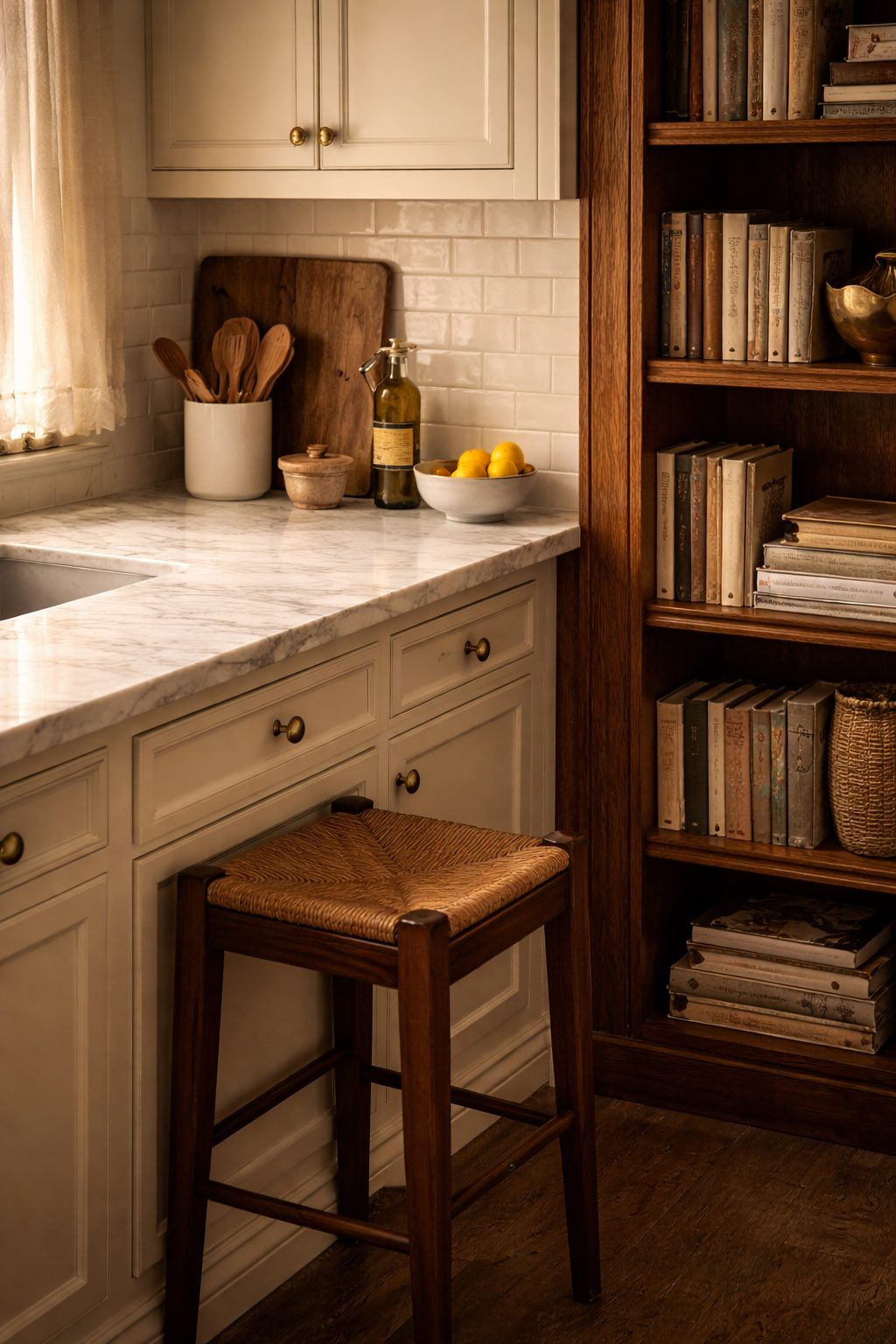 Quiet European kitchen with marble counter, wooden stool, lemons and books, reflecting calm Old Money Habits to Start in 2026.