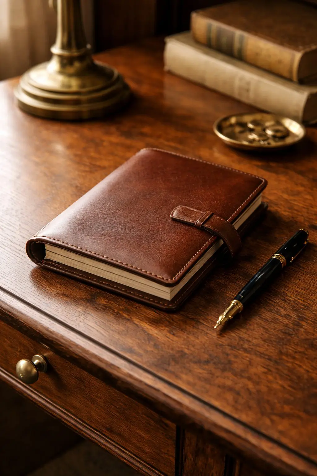 Closed leather notebook and pen on a desk, representing patience and planning in Old Money Habits to Start in 2026.