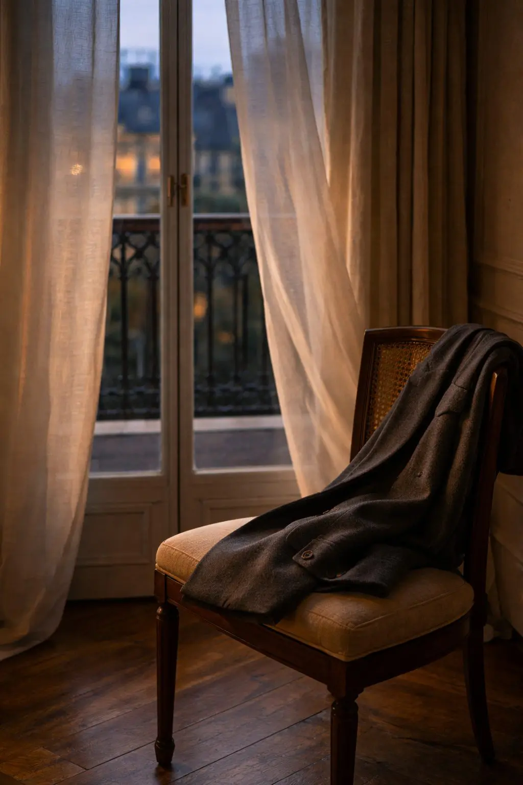 Evening light through sheer curtains and a folded wool coat, closing the day gently in Old Money Habits to Start in 2026.
