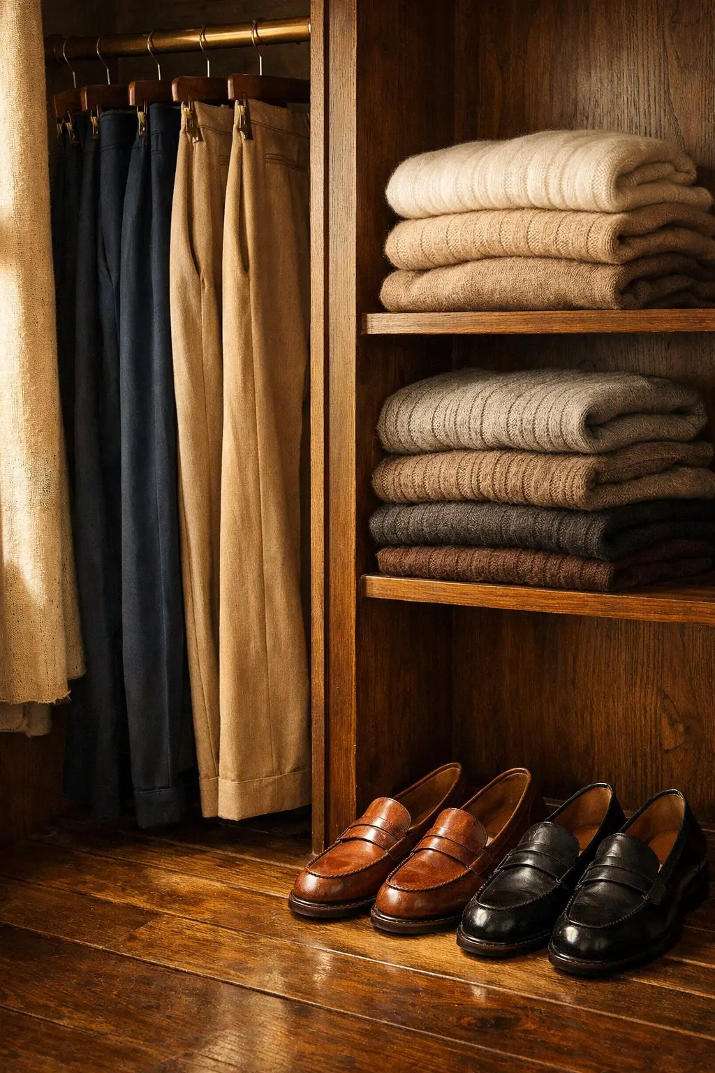 Timeless wardrobe pieces in neutral tones laid out simply, reflecting Old Money Habits to Start in 2026 and daily ease.