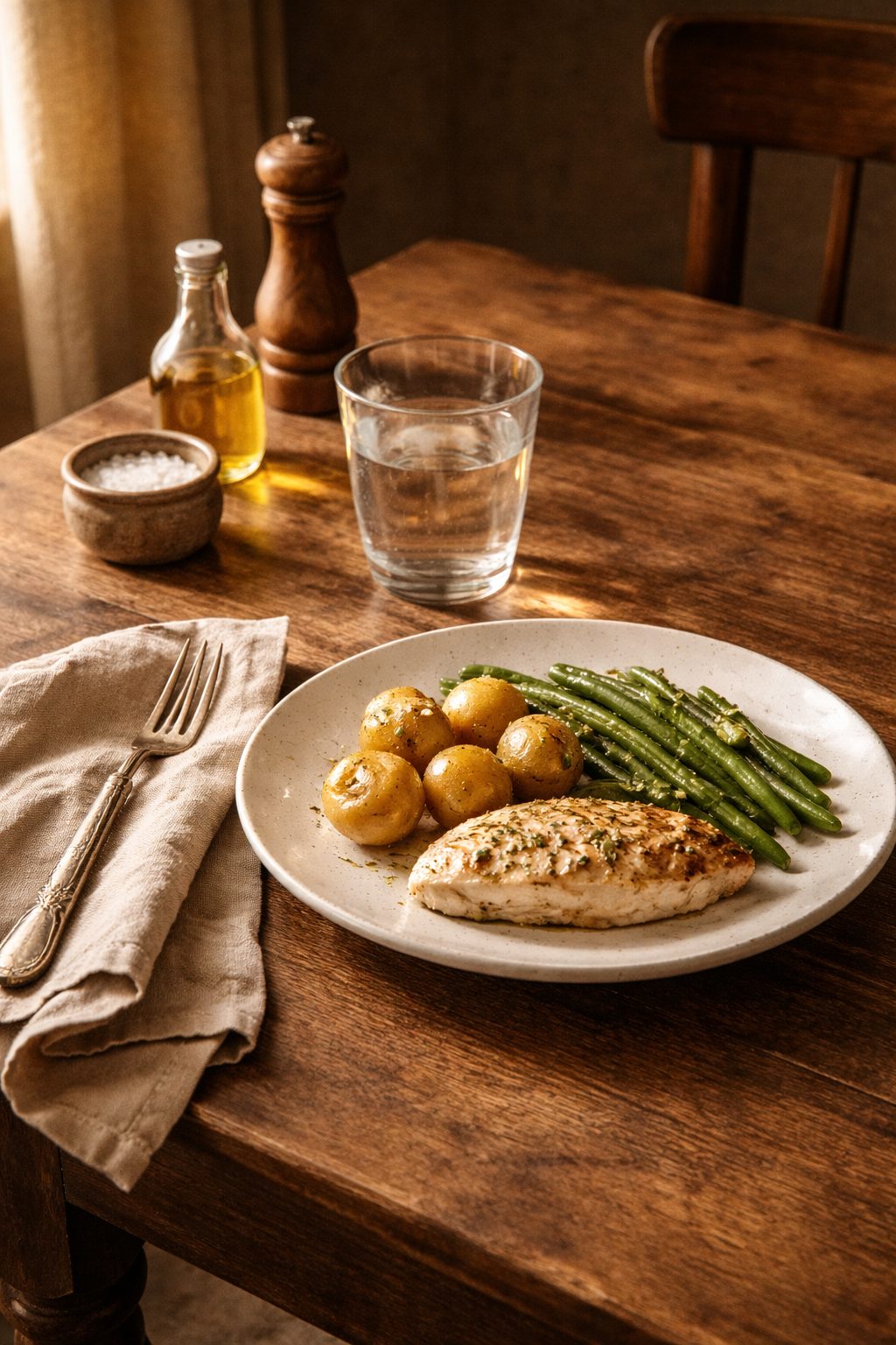 Quiet meal at a wooden table with simple ingredients, reflecting everyday nourishment in Old Money Habits to Start in 2026.