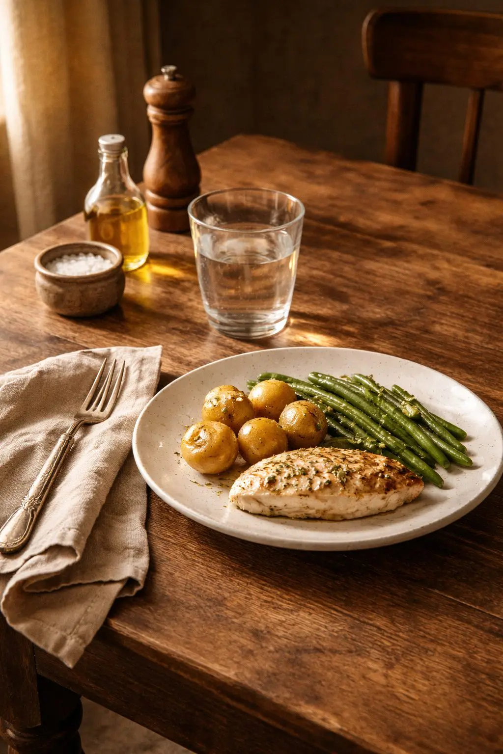 Quiet meal at a wooden table with simple ingredients, reflecting everyday nourishment in Old Money Habits to Start in 2026.