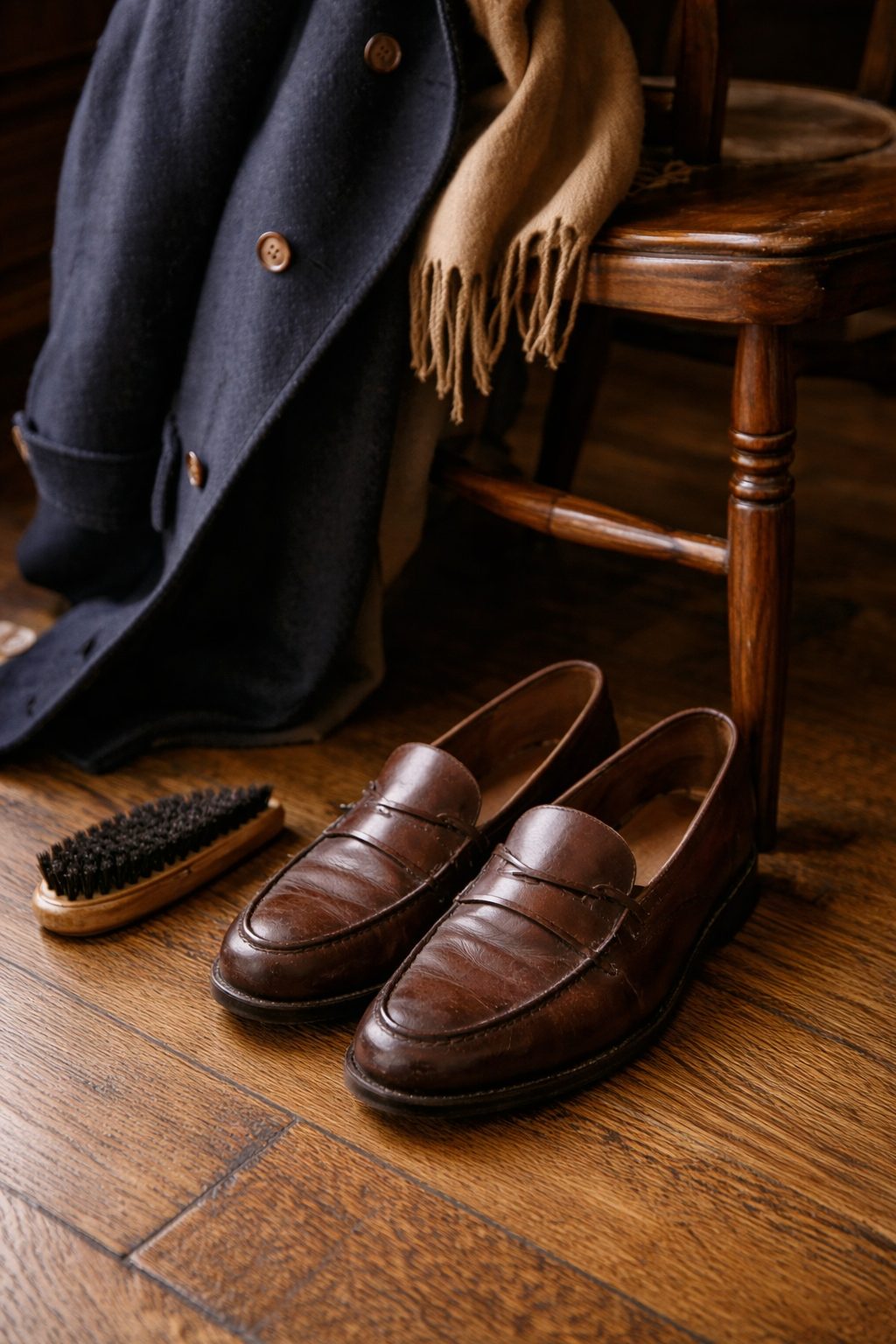 Well-kept coat and leather shoes resting naturally, showing care and longevity in Old Money Habits to Start in 2026.