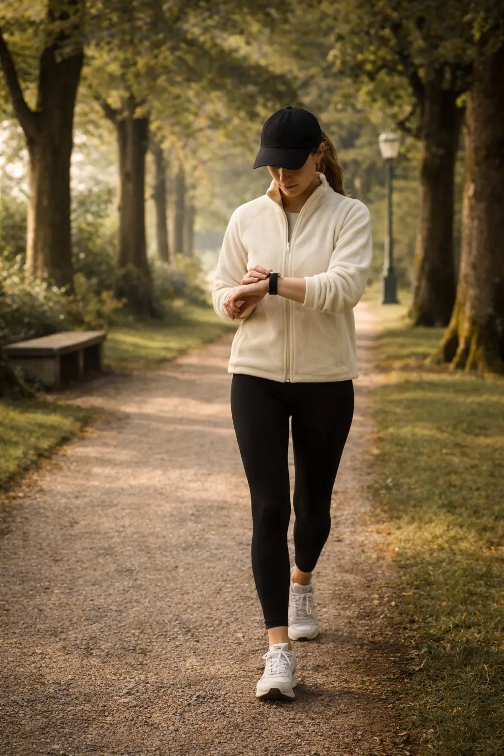 Woman walking calmly in a sporty old money outfit, checking her watch on a tree-lined path, aligned with Old Money Habits to Start in 2026.