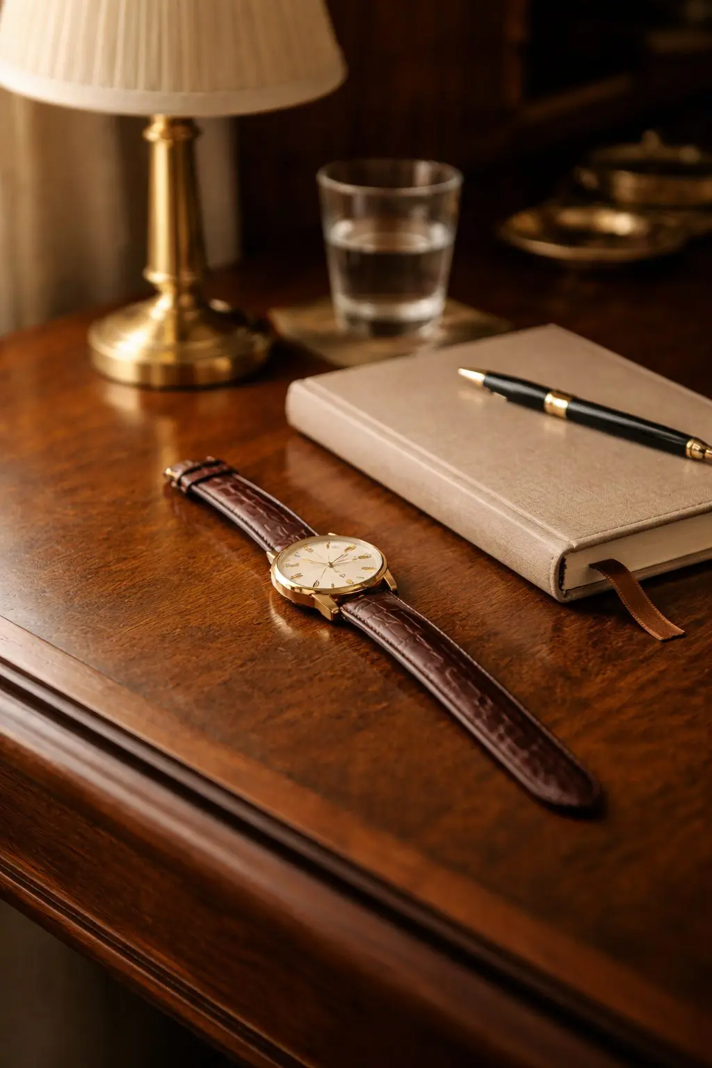 Classic watch and notebook on a wooden desk, symbolizing calm scheduling and Old Money Habits to Start in 2026.