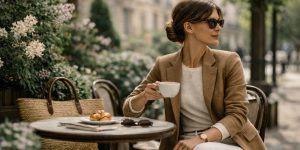 A woman in a camel blazer enjoys coffee outdoors, relaxed and polished, capturing Old Money Transitional Outfits for Early Spring.