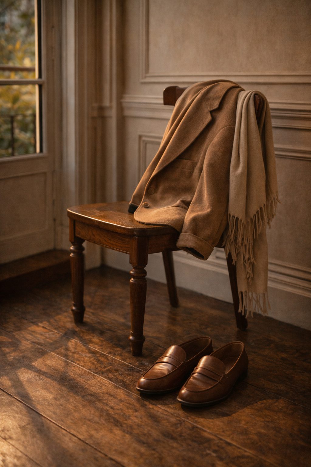 A folded blazer, scarf, and loafers in warm light, symbolizing Old Money Transitional Outfits for Early Spring.