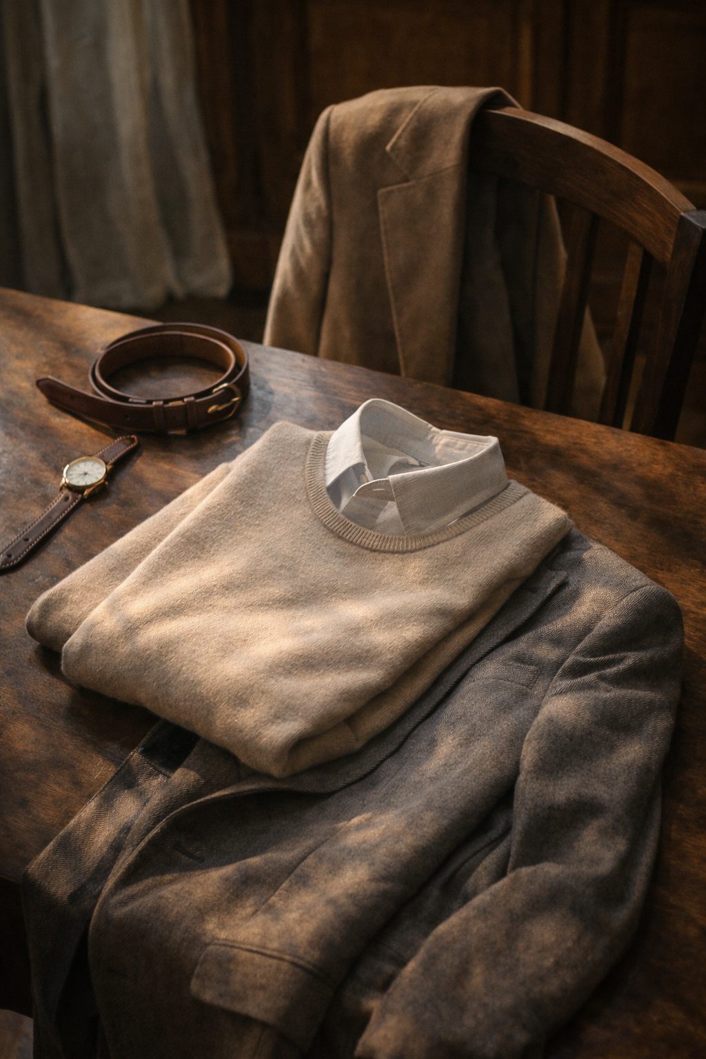 Layered knit, shirt, and blazer on a wooden table, reflecting Old Money Transitional Outfits for Early Spring.