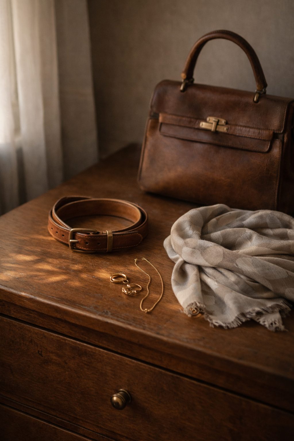 Leather bag, belt, scarf, and gold jewelry styled naturally for Old Money Transitional Outfits for Early Spring.