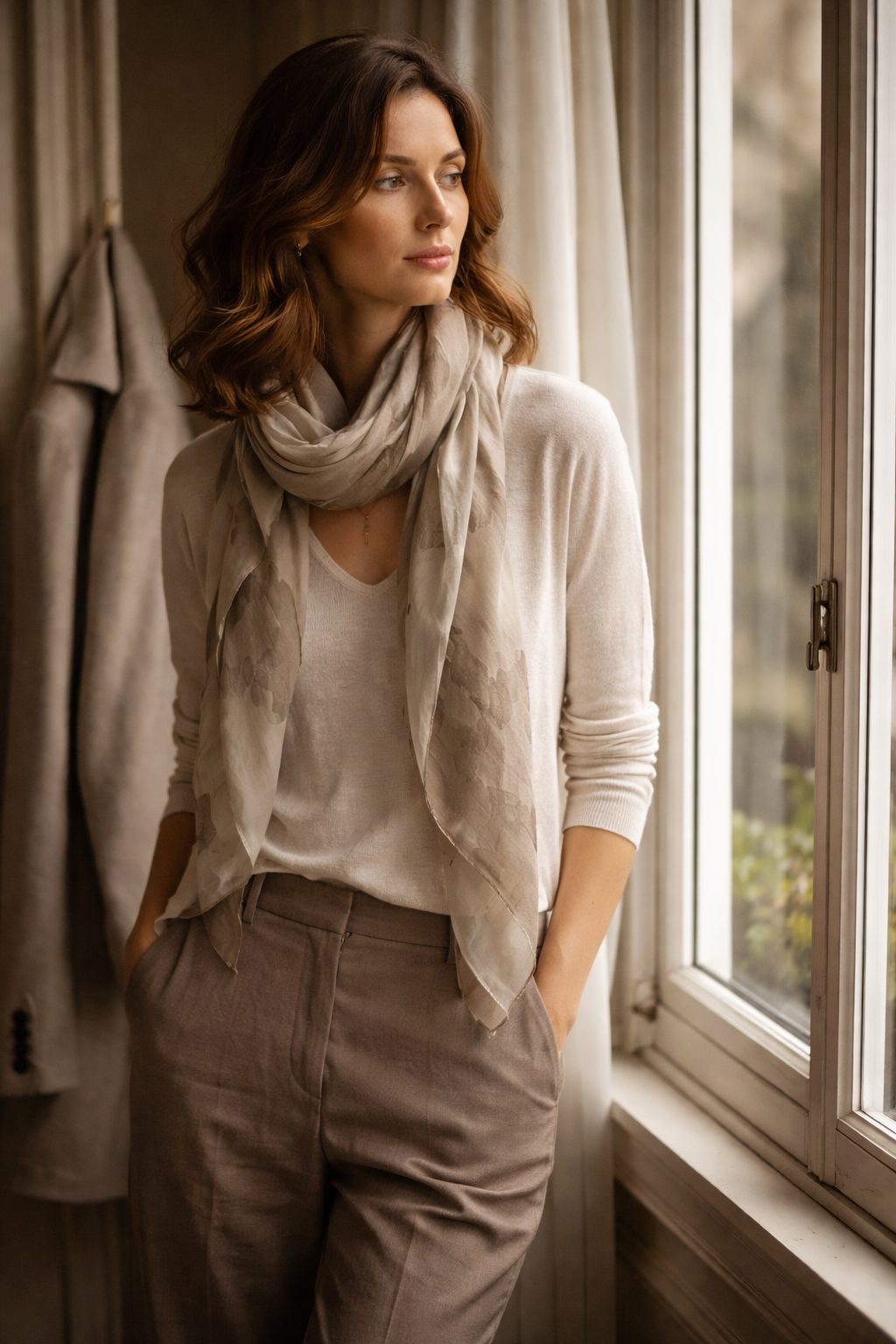 Woman wearing a light scarf by the window, calm layers of Old Money Transitional Outfits for Early Spring.