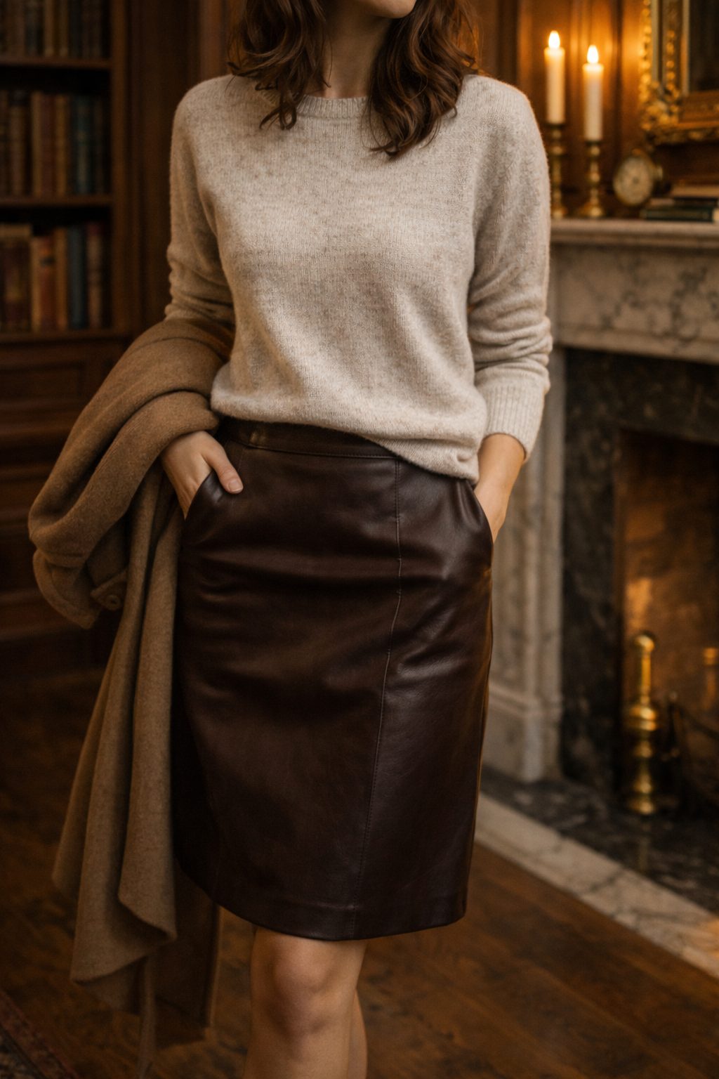 Brown leather skirt and soft knit with boots in warm light, Old Money Valentine Outfits polished style
