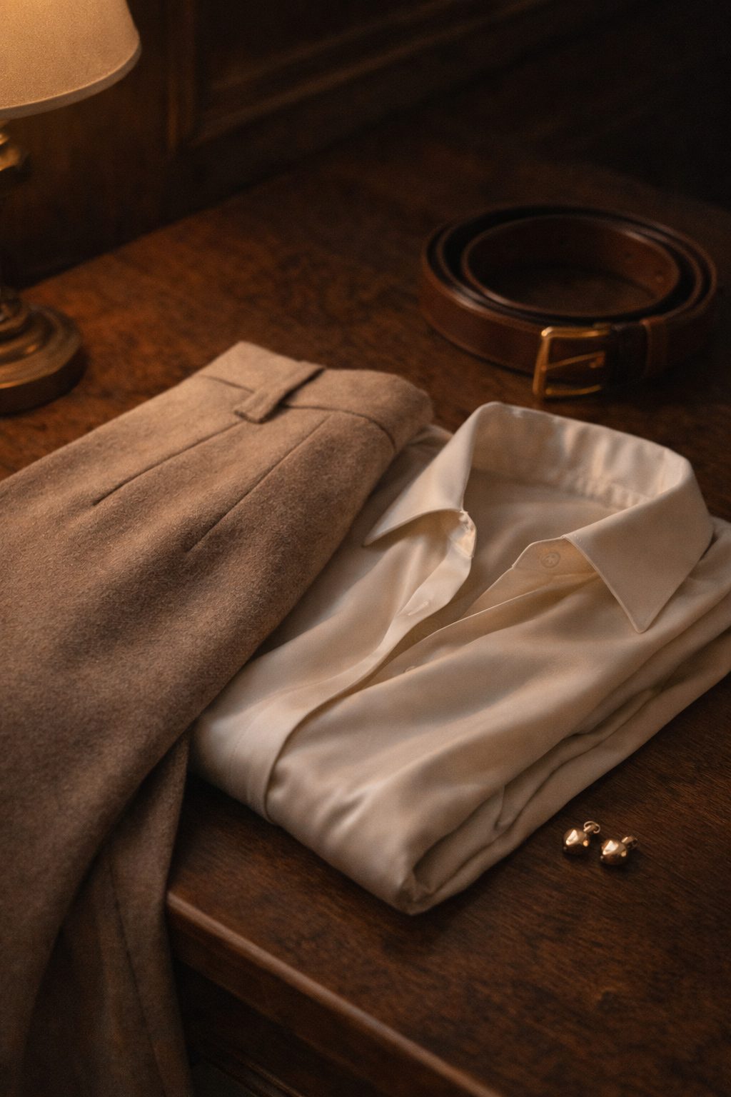 Folded wool trousers with silk blouse and belt, Old Money Valentine Outfits textures and details