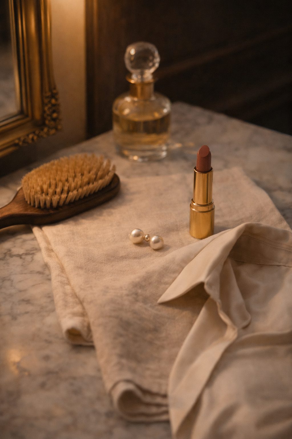 Lipstick, perfume, pearls and hairbrush on marble vanity, Old Money Valentine Outfits beauty mood