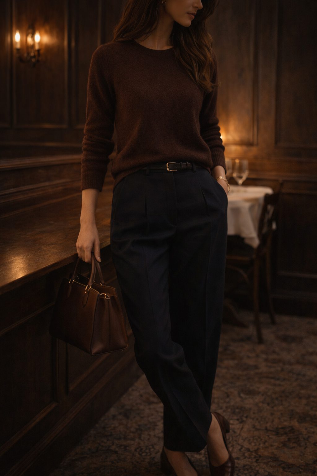 Chocolate sweater and navy trousers in warm wood room, Old Money Valentine Outfits understated look