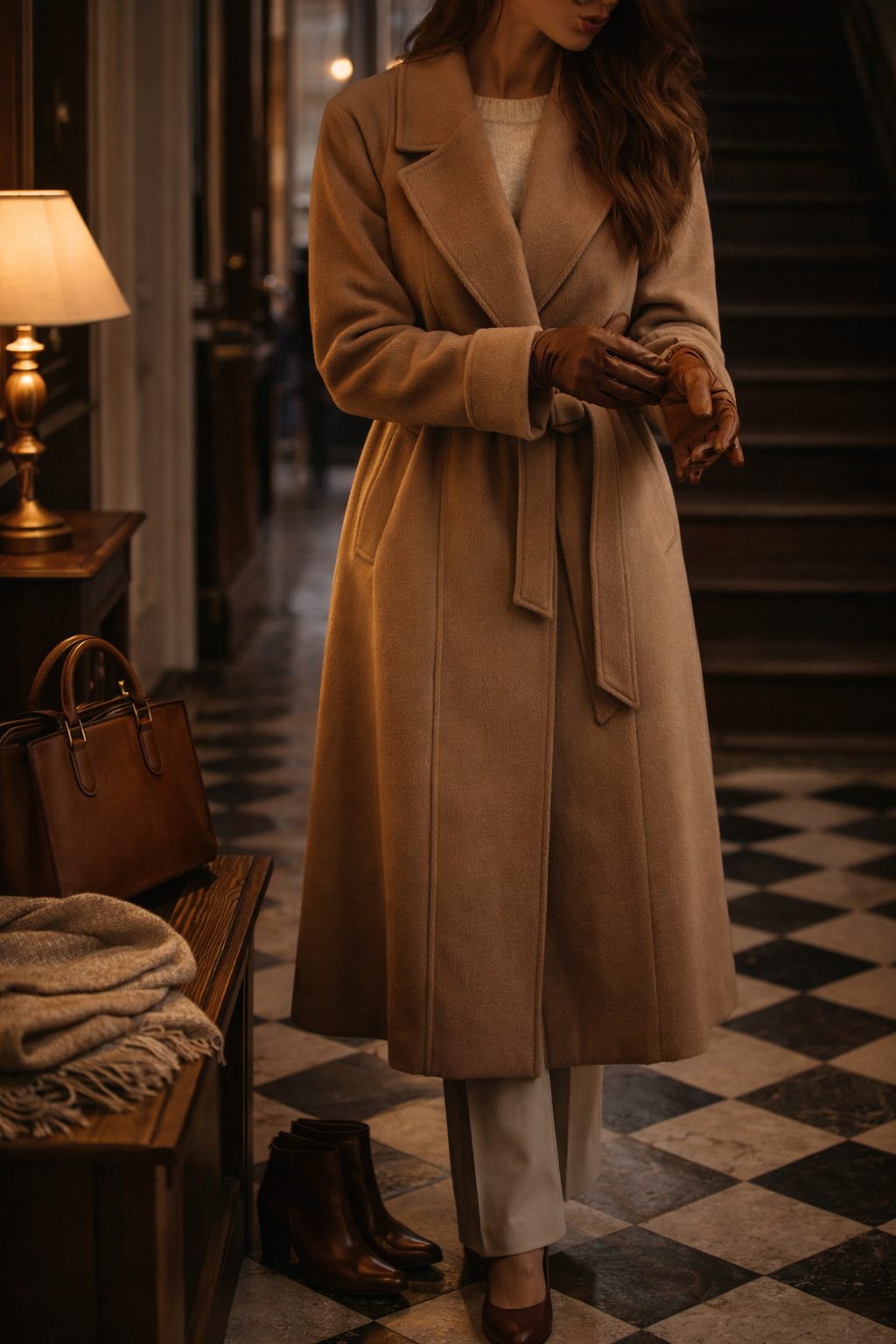 Woman putting on gloves in camel wrap coat in entryway, Old Money Valentine Outfits layered look