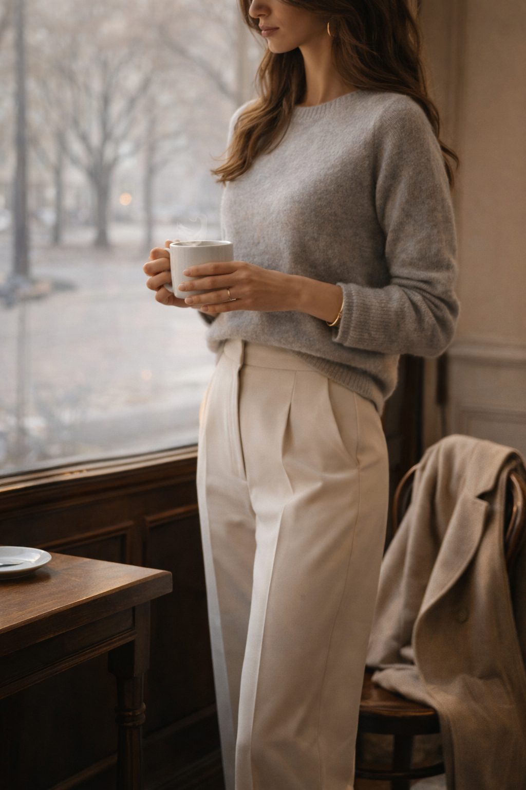 Grey knit and ivory trousers at café window in winter light, Old Money Valentine Outfits inspiration