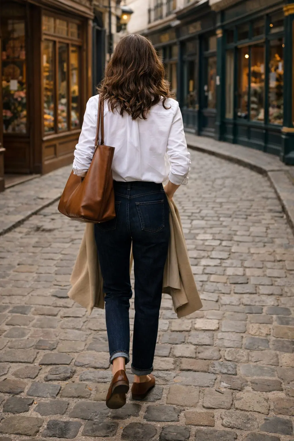 White button-down and dark denim outfit during city walk, Old Money Valentine Outfits everyday style