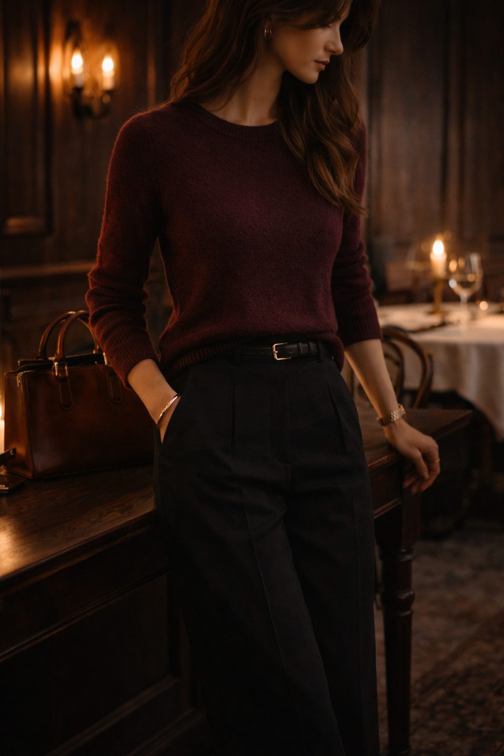 Woman in burgundy knit and black trousers in candlelit room, Old Money Valentine Outfits rich palette