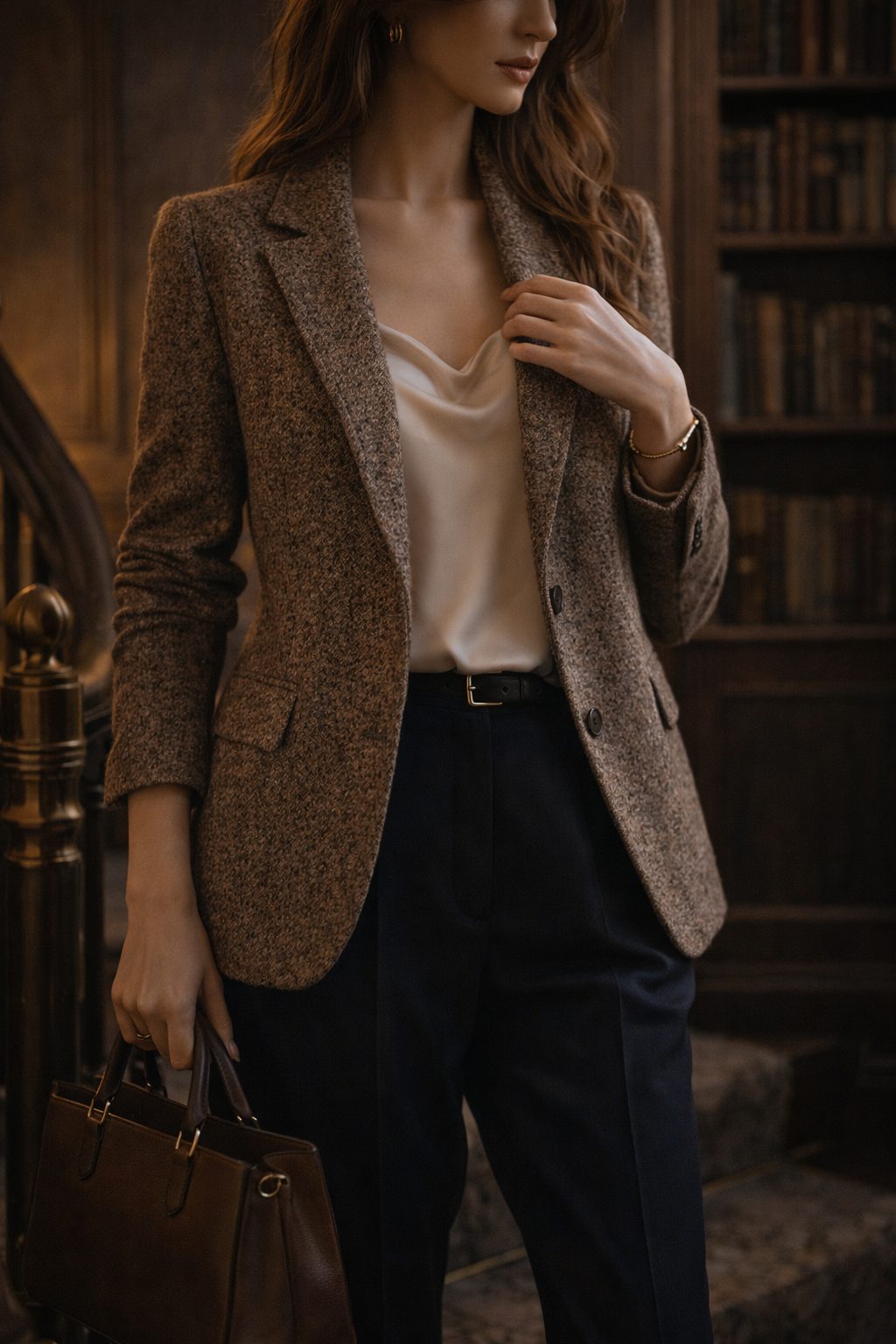 Tweed blazer over silk camisole on staircase, Old Money Valentine Outfits refined layered tones