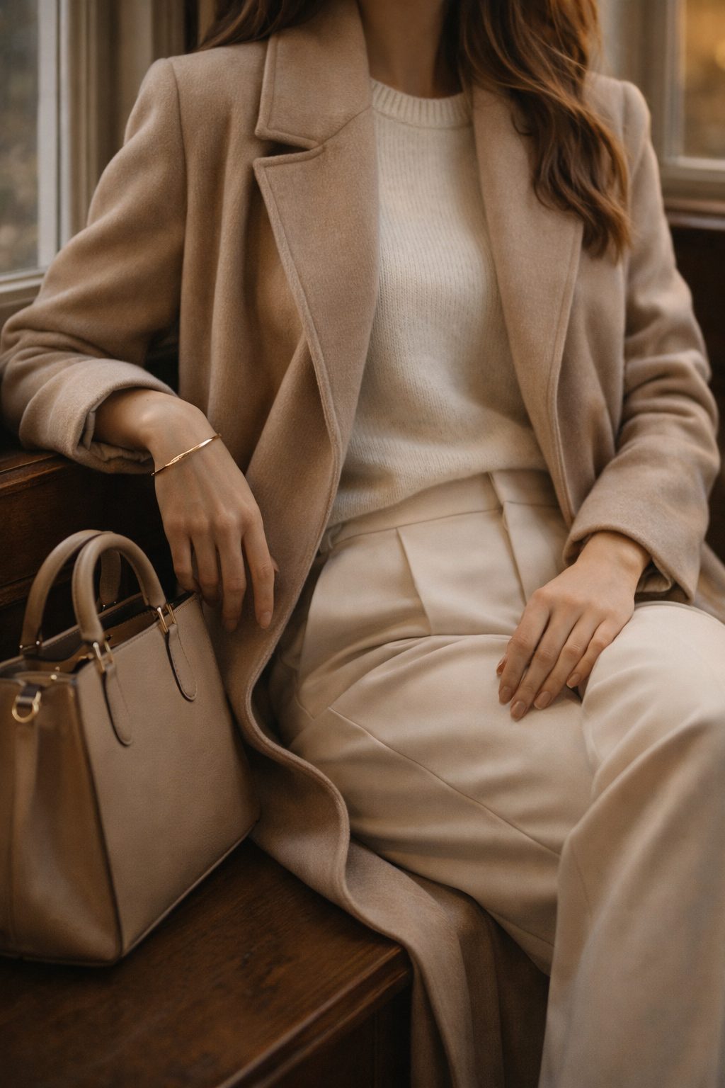 Neutral layered outfit in beige and cream tones on bench, Old Money Valentine Outfits soft minimal look