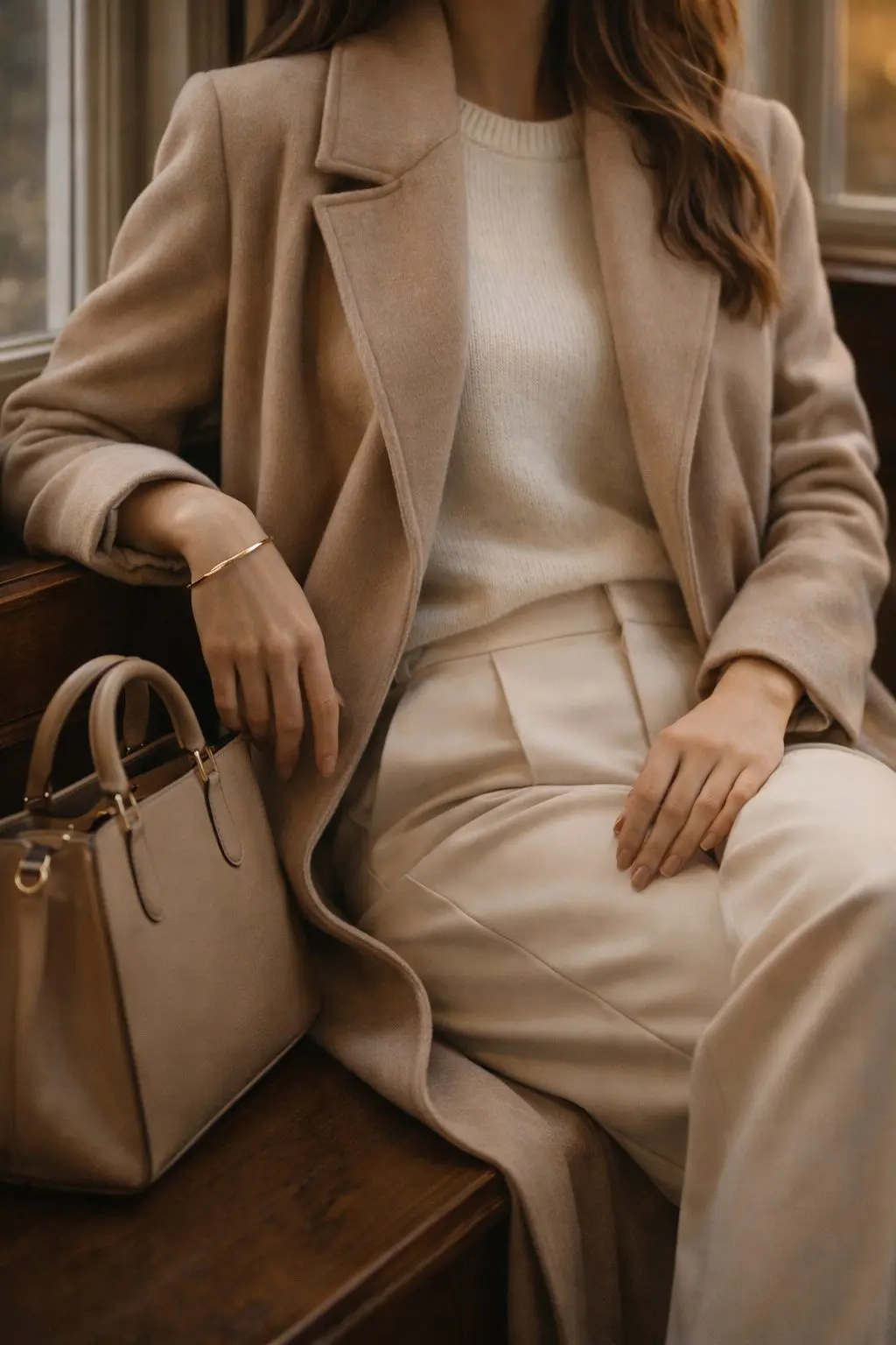 Neutral layered outfit in beige and cream tones on bench, Old Money Valentine Outfits soft minimal look