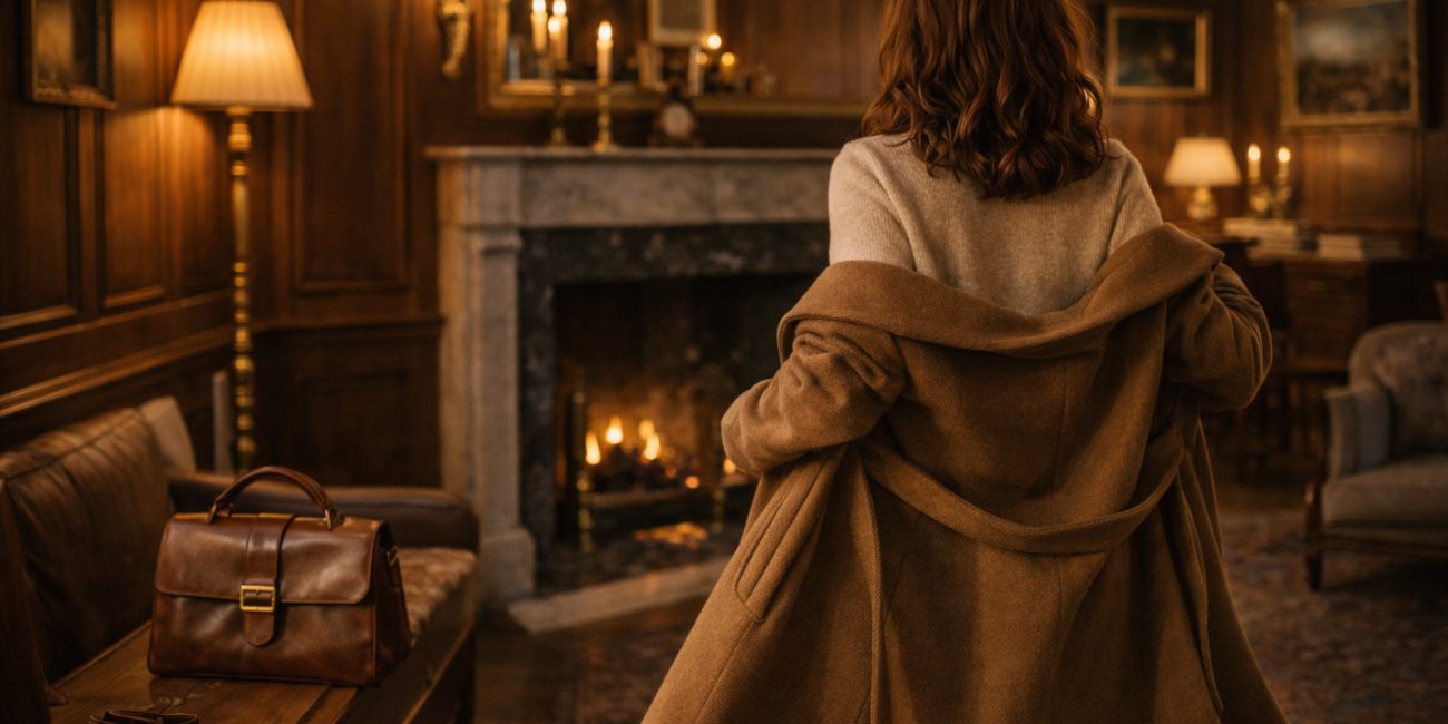 Old Money Valentine Outfits mood with woman slipping on camel coat by fireplace in elegant townhouse with leather bag and warm light