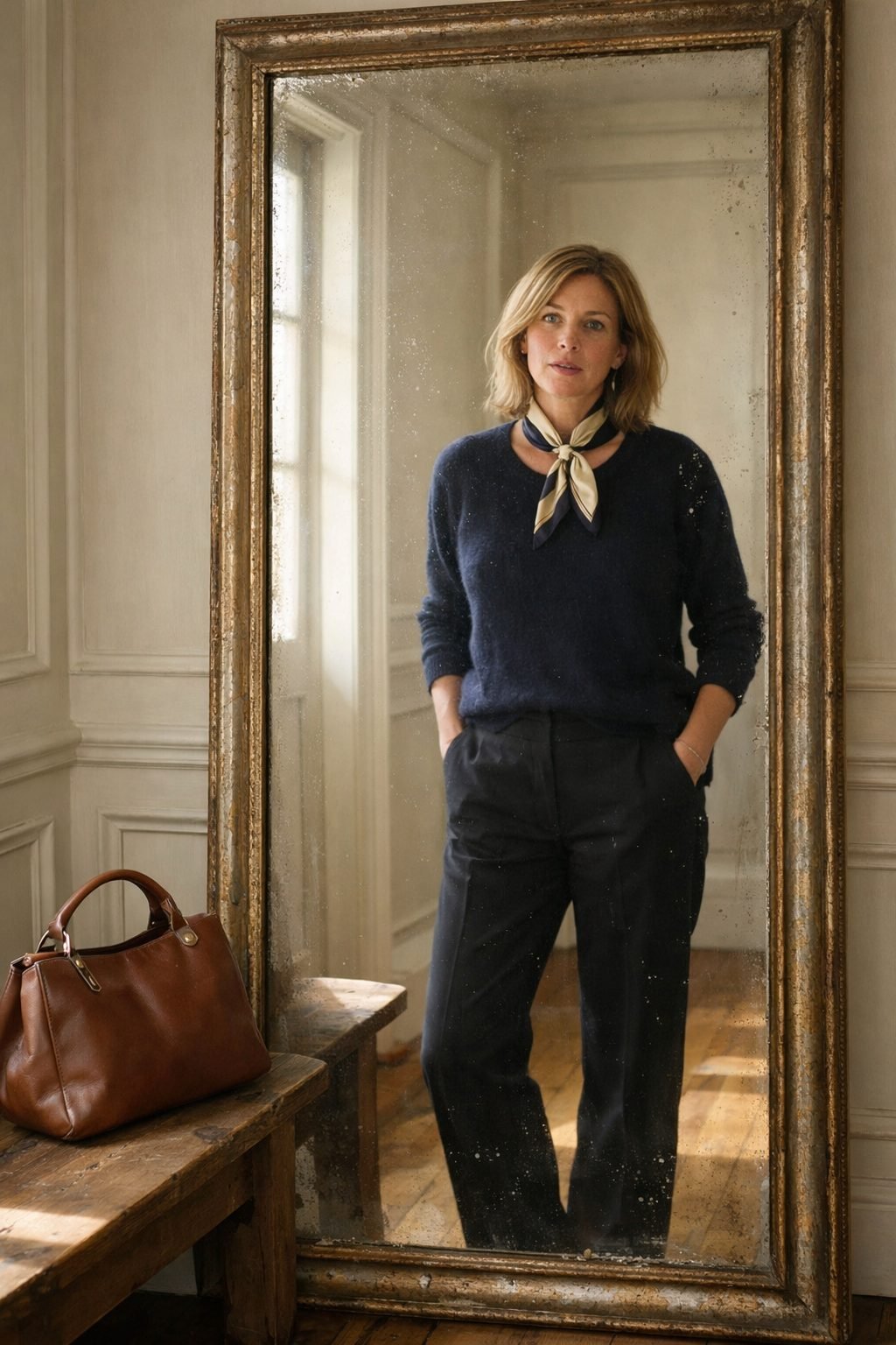 The Day I Realized I Didn’t Need New Clothes to Feel Elegant reflected in a mirror, effortless outfit, soft morning light