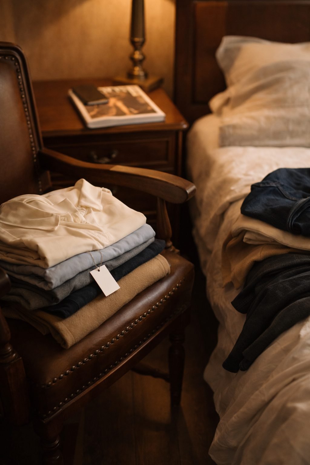 The Day I Realized I Didn’t Need New Clothes to Feel Elegant captured by folded clothes, tags visible, restless energy