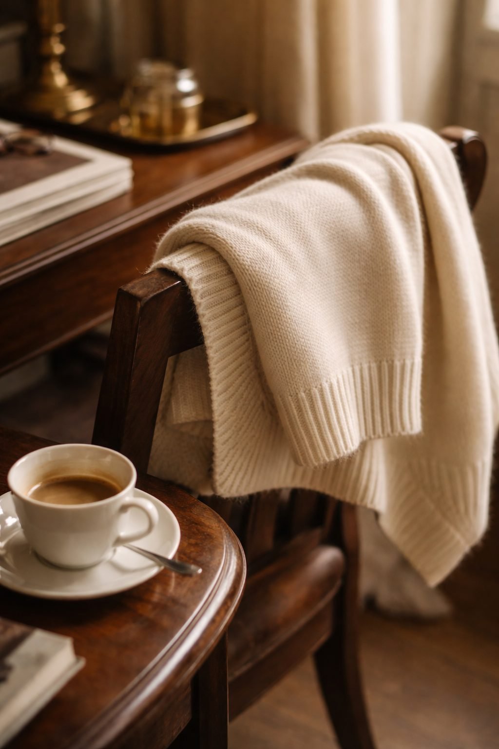 The Day I Realized I Didn’t Need New Clothes to Feel Elegant with a worn cream sweater draped on a chair, quiet comfort