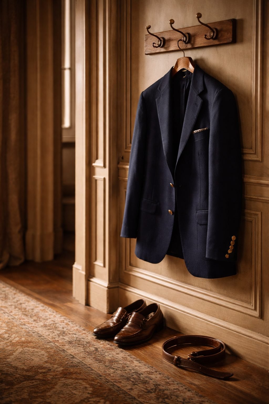 The Day I Realized I Didn’t Need New Clothes to Feel Elegant shown by a navy blazer and worn loafers in warm light