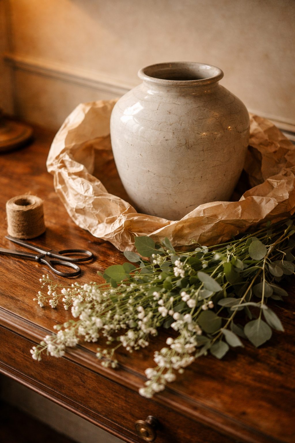 Ceramic vase partly unwrapped with flowers and twine nearby. Timeless Valentine’s Gifts She’ll Love for her home.
