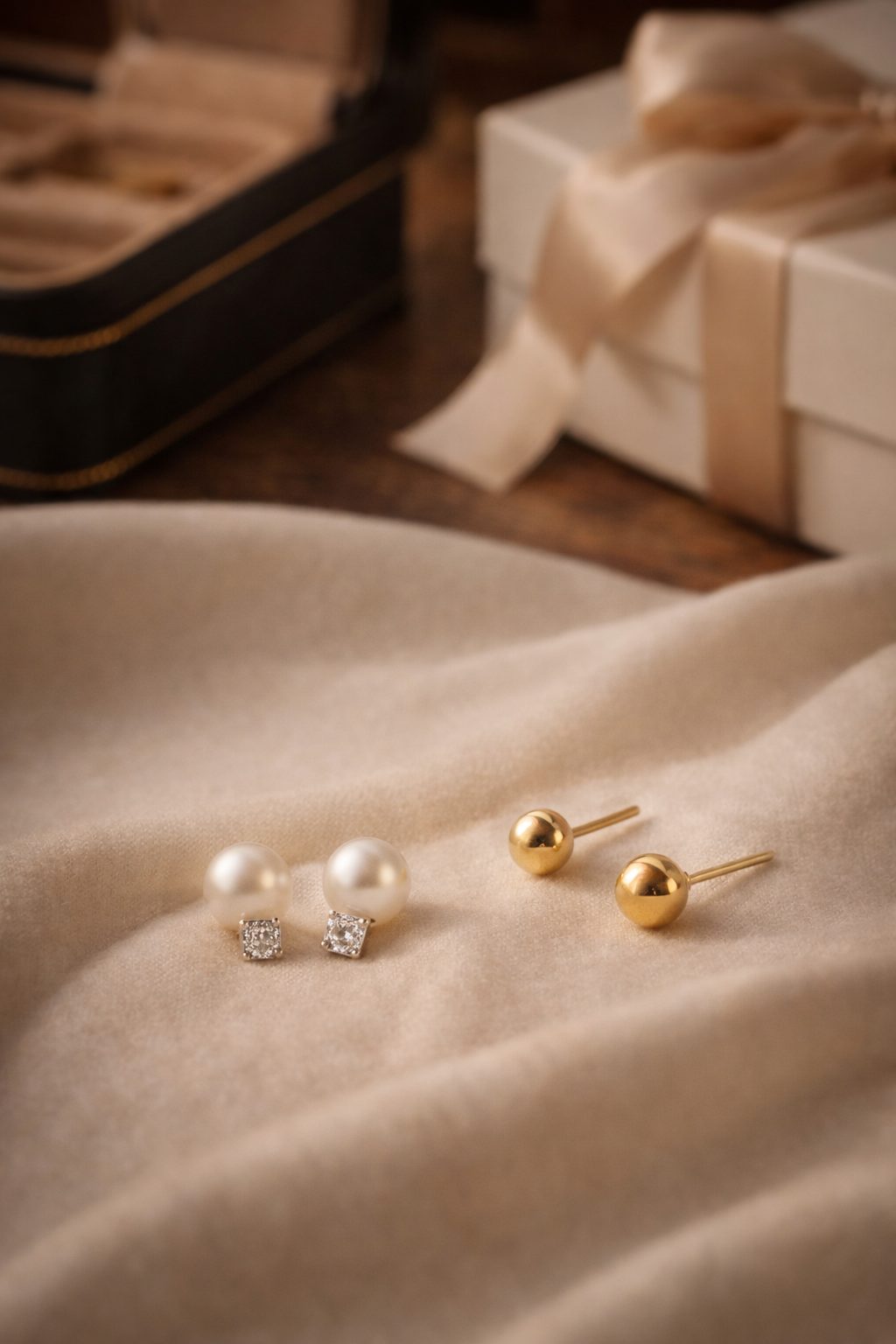 Pearl and gold stud earrings on soft cream fabric with gift box and jewelry tray. Timeless Valentine’s Gifts She’ll Love for everyday