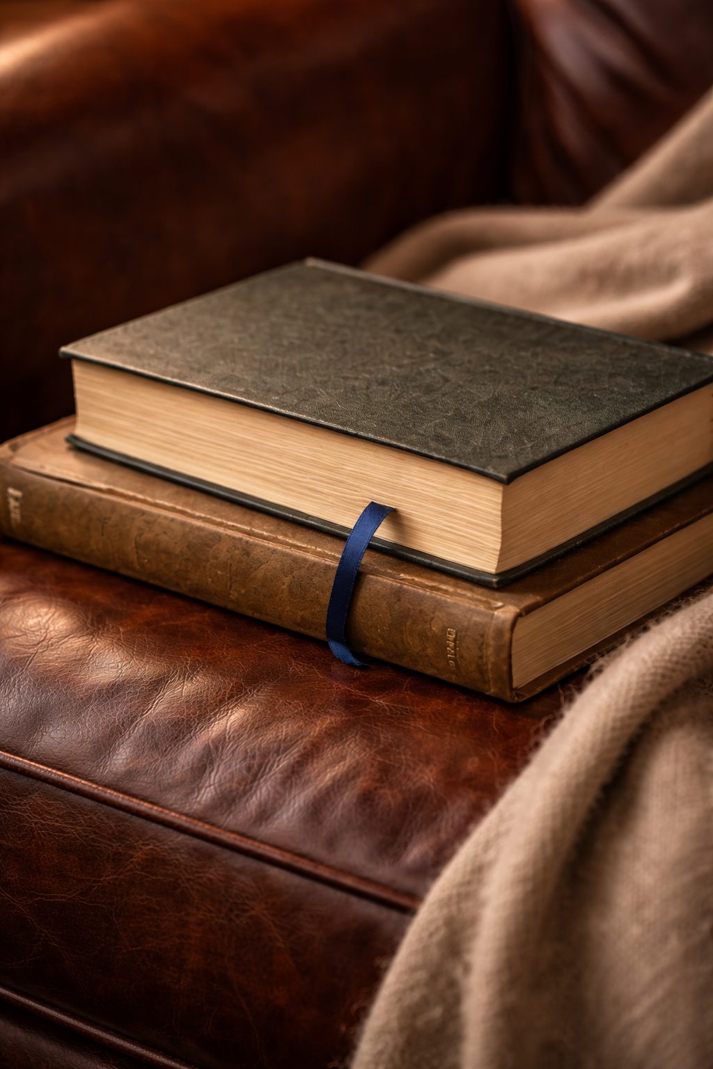 Stacked hardcover books on a leather sofa with a wool throw. Timeless Valentine’s Gifts She’ll Love for quiet evenings.