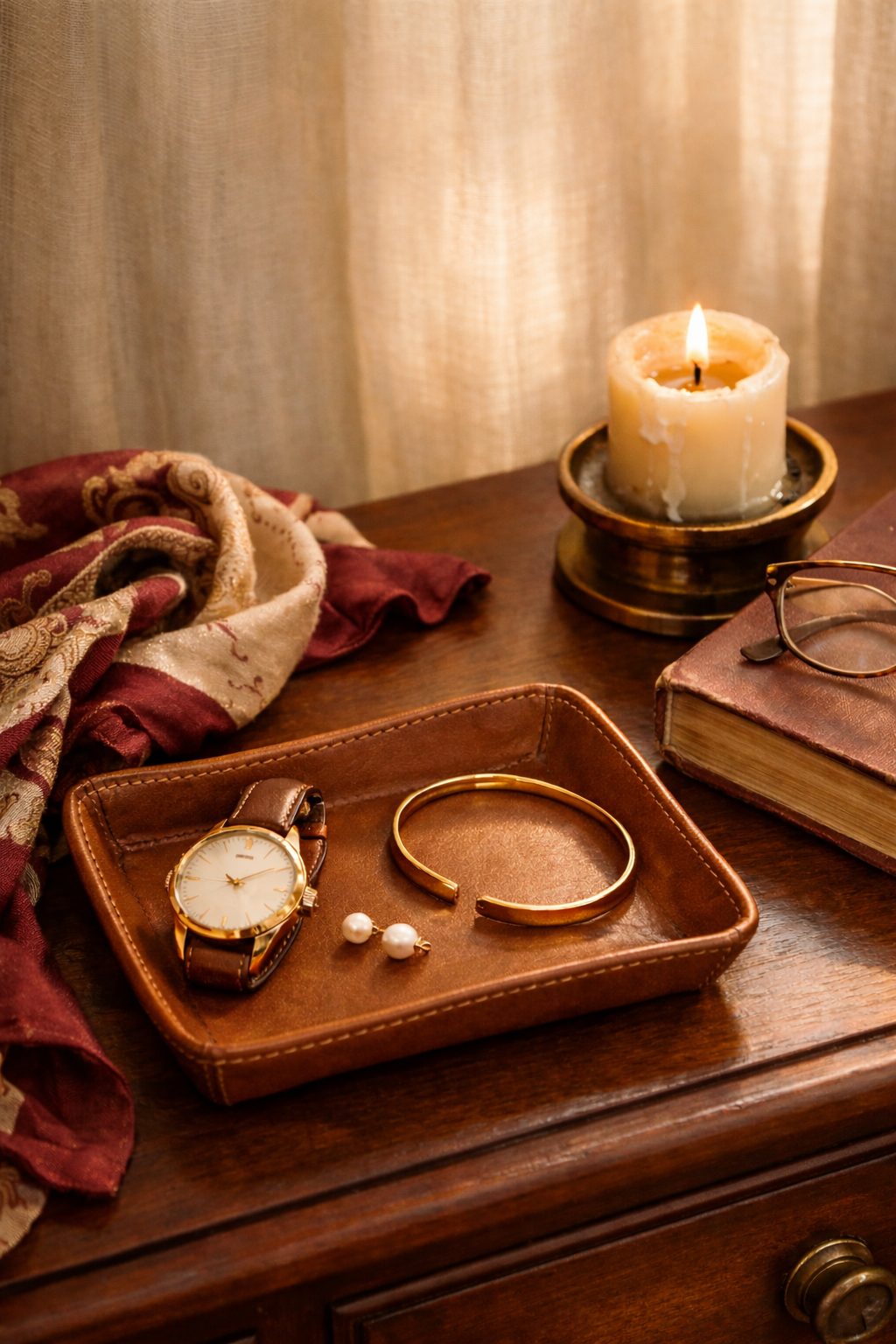 Leather tray with watch, pearl studs, and gold bangle on dresser beside candle and book, Timeless Valentine’s Gifts She’ll Love